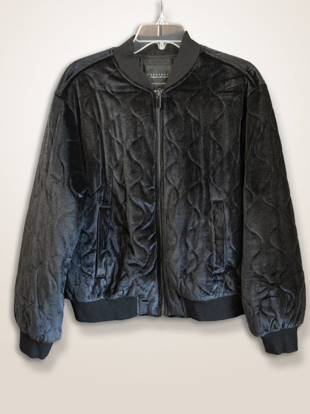 Sanctuary Velvet Bomber Jacket Black Quilted Velour HIgh Neck Edgy Goth Coat